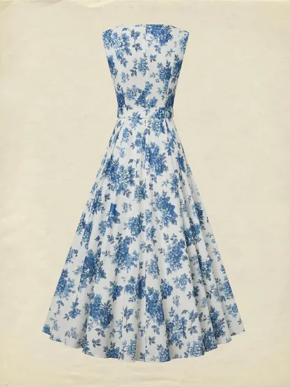 Maxi Linen Dress , Sleeveless, Round Neck, Floral, Belt Design, Vacation, Vintage, Blue - Blue