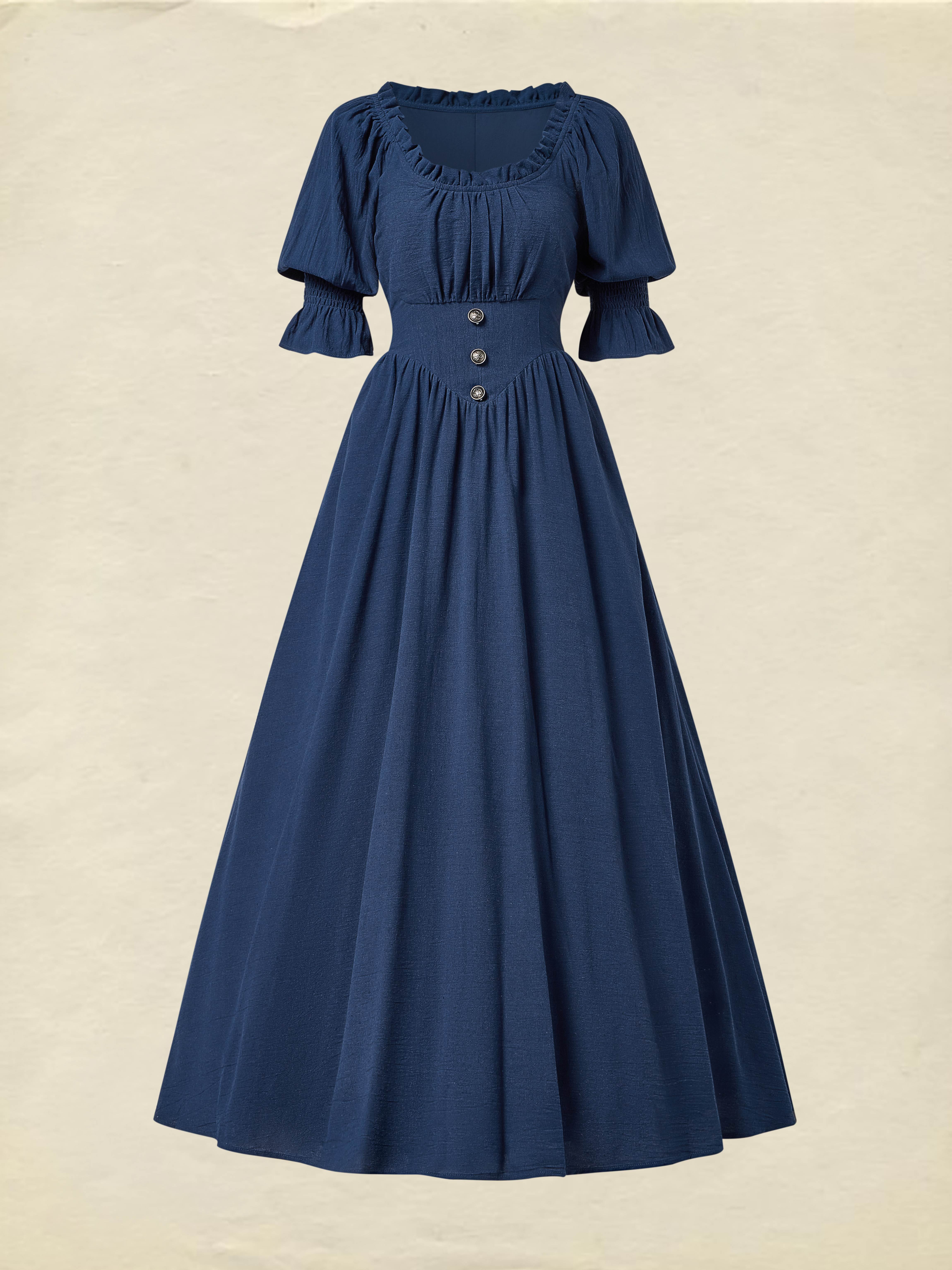 Linen Maxi Dress, Crew Neck, Half Sleeves, Belt, Victorian Style, Princess Dress, Blue - Blue