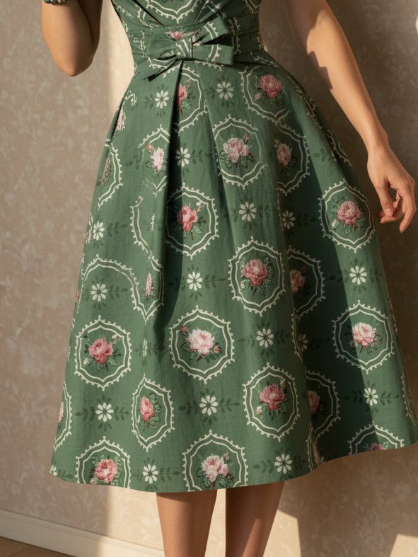 Midi Linen Dress, Sleeveless, Round Neck, Floral, Bow, Vintage, Green - Green