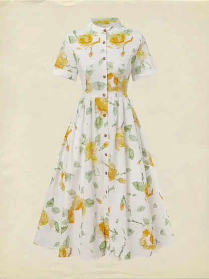 Linen Midi Dress, Short Sleeve, Floral, Vintage, White - White