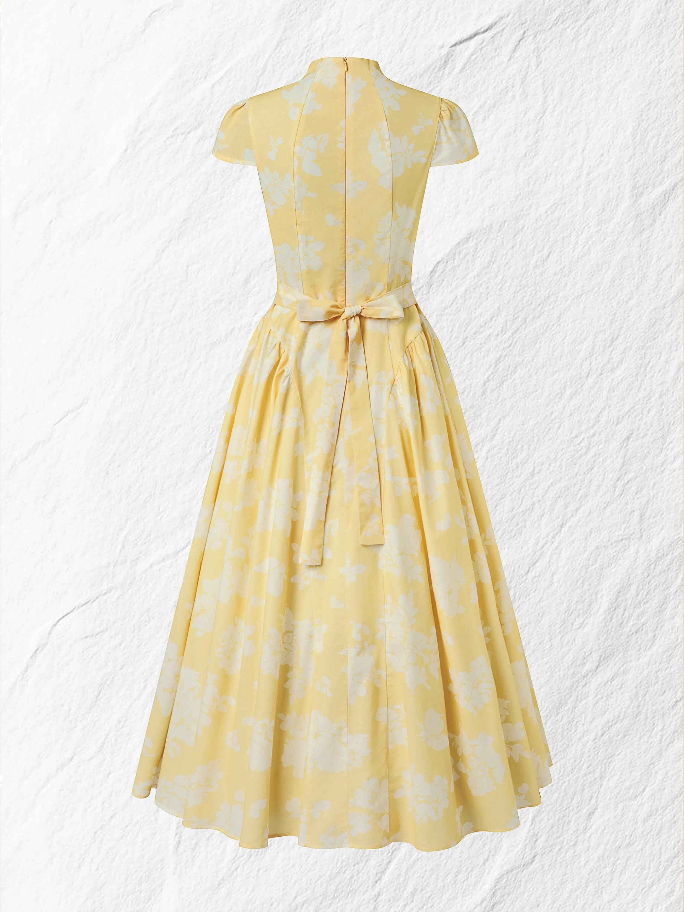 Midi Cotton Dress, Short Sleeves, Floral, French Vintage, Yellow - Yellow