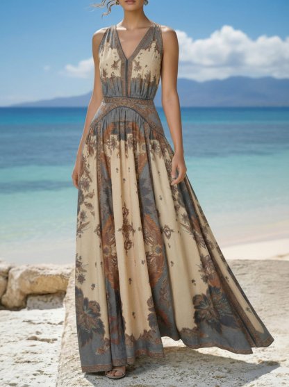 Maxi Cotton Dress, Sleeveless, V Neck, Floral, Belt Design, Vacation, Vintage, Apricot - Apricot