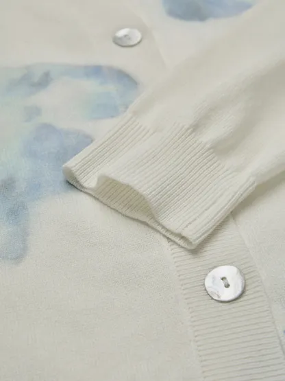 Wool Cardigan, Long Sleeves, Round Neck, Floral, Button Design, Vacation, Vintage, White - White