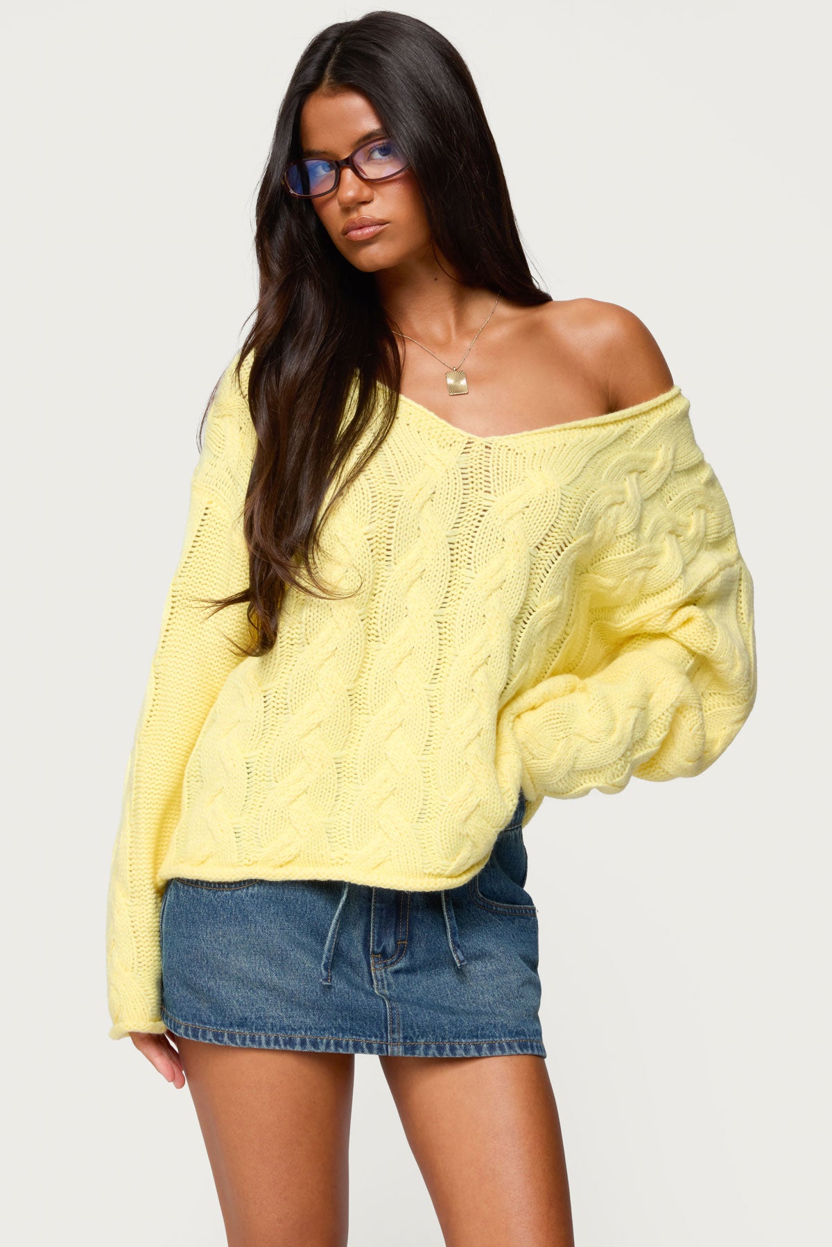 Inga Oversized Cable Knit Sweater - YELLOW