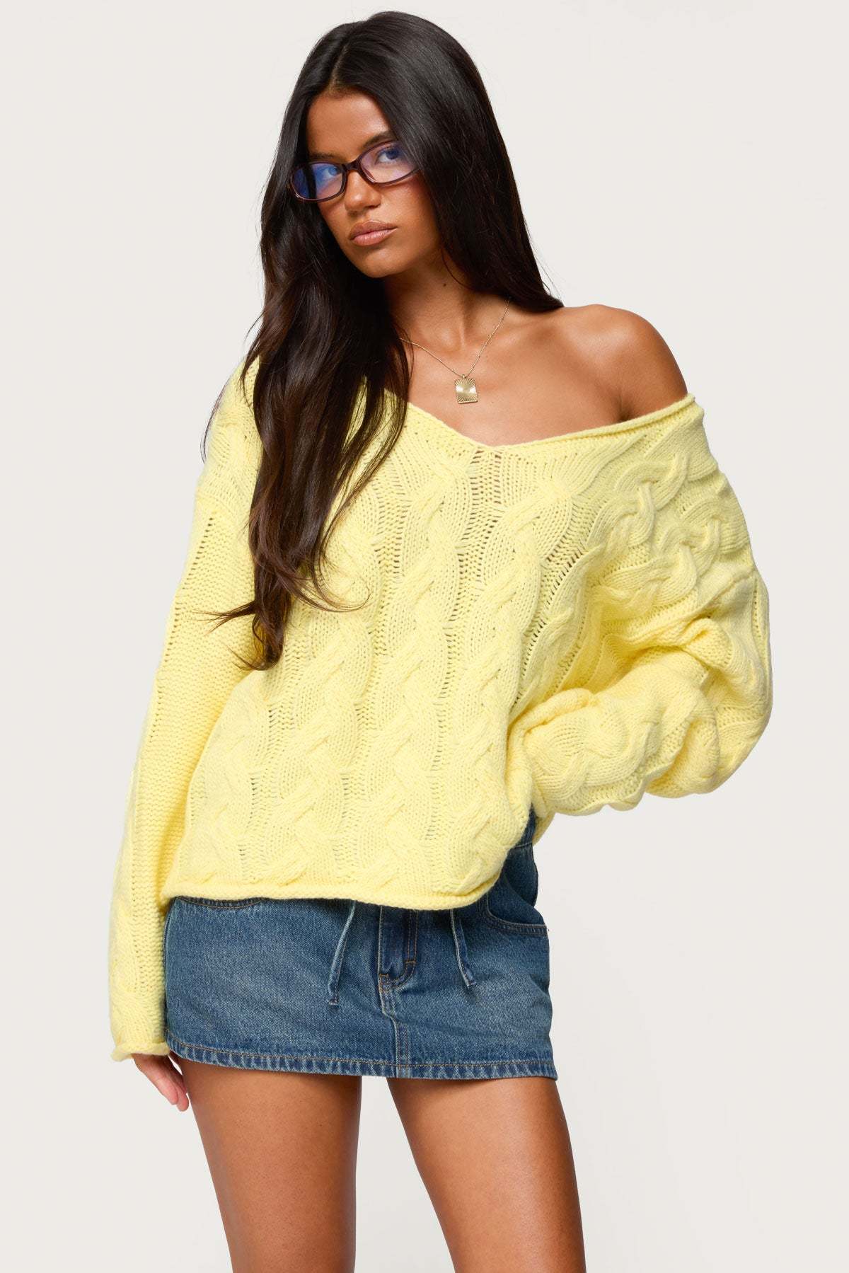 Inga Oversized Cable Knit Sweater - YELLOW
