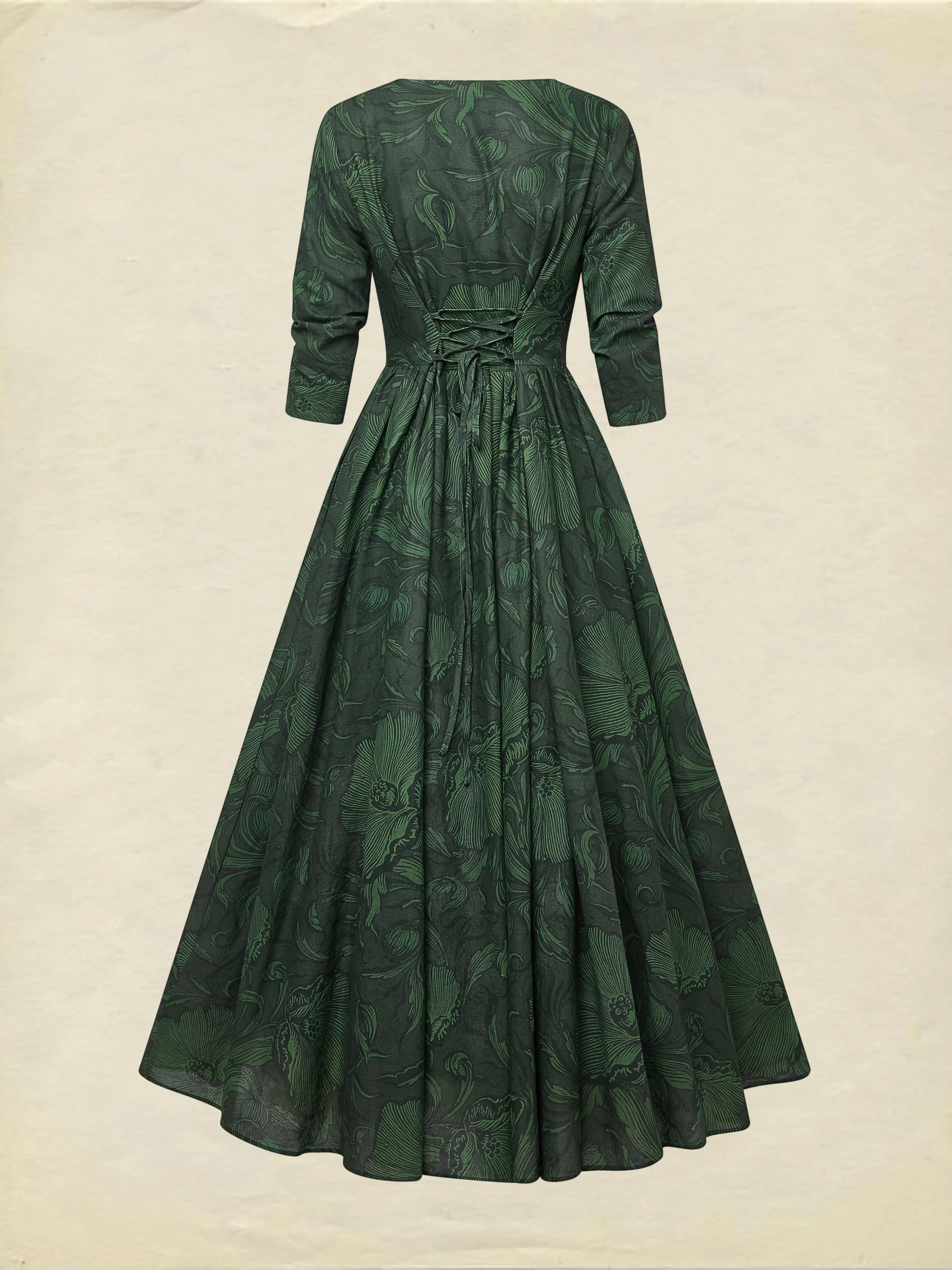 Maxi Linen Dress, Half Sleeve, V Neck, Floral, Vacation, Vintage, Deep Green - Deep Green