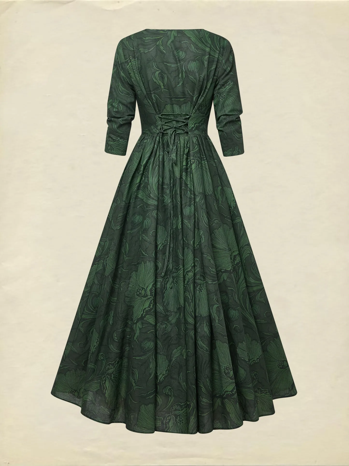 Maxi Linen Dress, Half Sleeve, V Neck, Floral, Vacation, Vintage, Deep Green - Deep Green