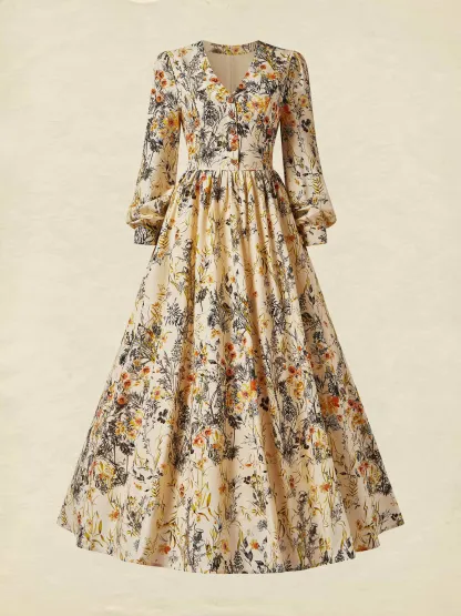 Linen Maxi Dress, Long Sleeves, V Neck, Floral, Apricot,Daily - Light Khaki