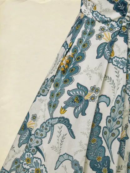 Maxi Linen Dress, Half Sleeve, Shawl Collar, Paisley, Button Design, Vacation, Vintage, White - White