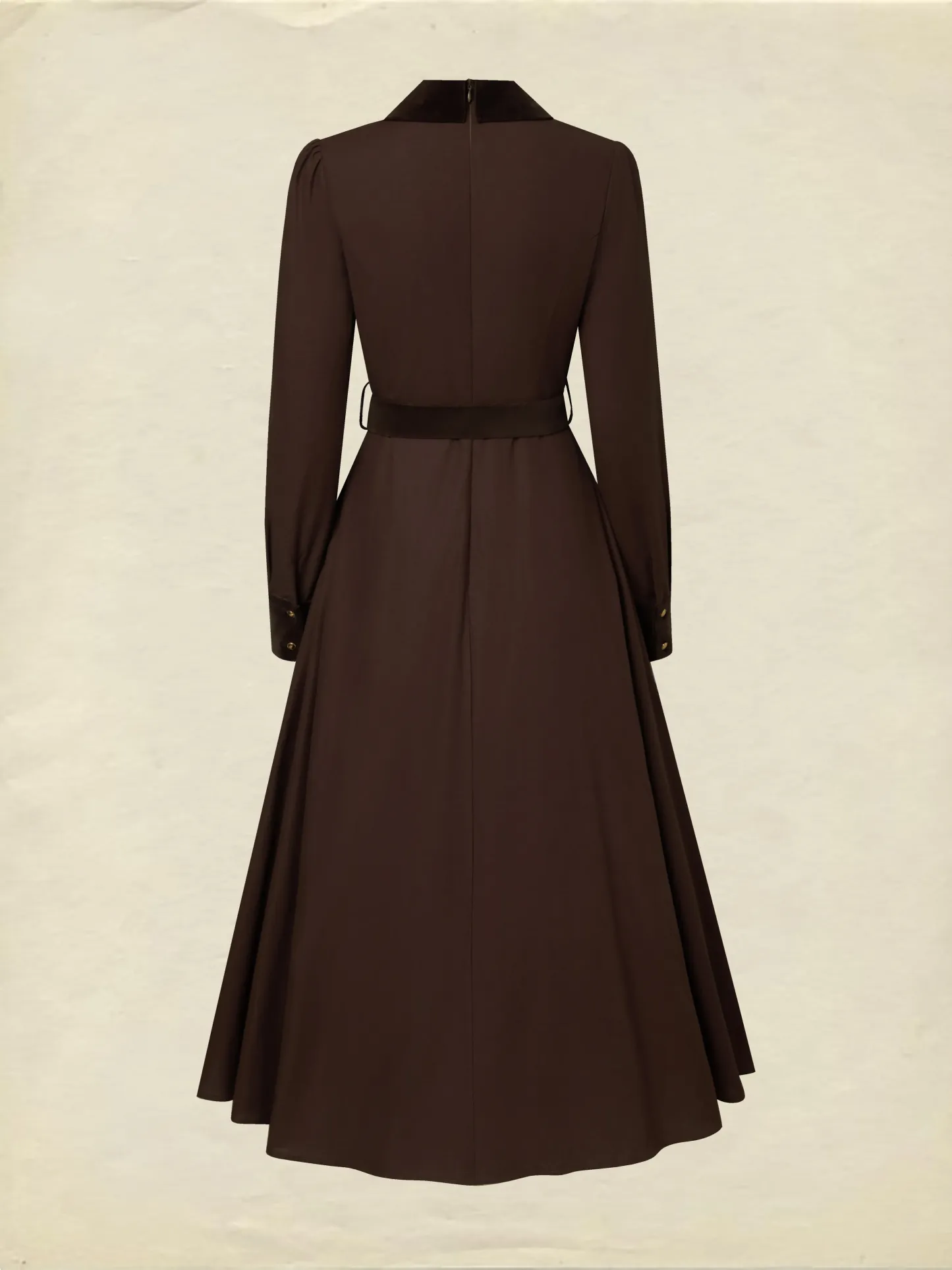 Midi Cotton Dress, Long Sleeves, Shawl Collar, Plain, Belt Design, Vintage, Coffee - Coffee