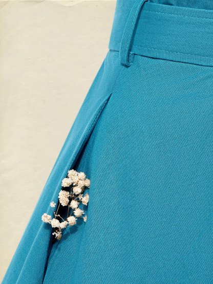 Midi Linen Dress , Half Sleeve, Shawl Collar, Plain, Belt Design, Vintage, Cyan - Cyan