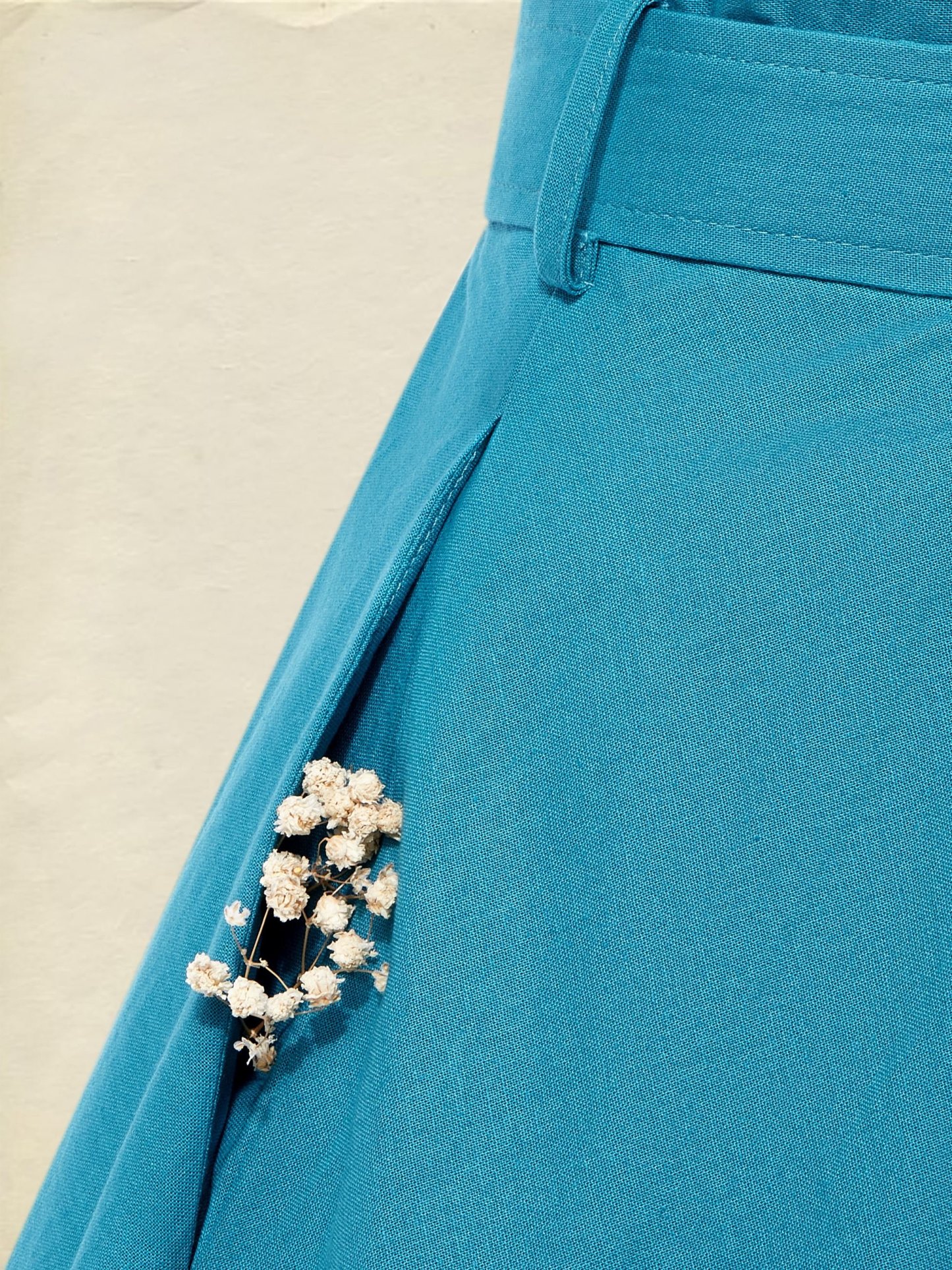 Midi Linen Dress , Half Sleeve, Shawl Collar, Plain, Belt Design, Vintage, Cyan - Cyan