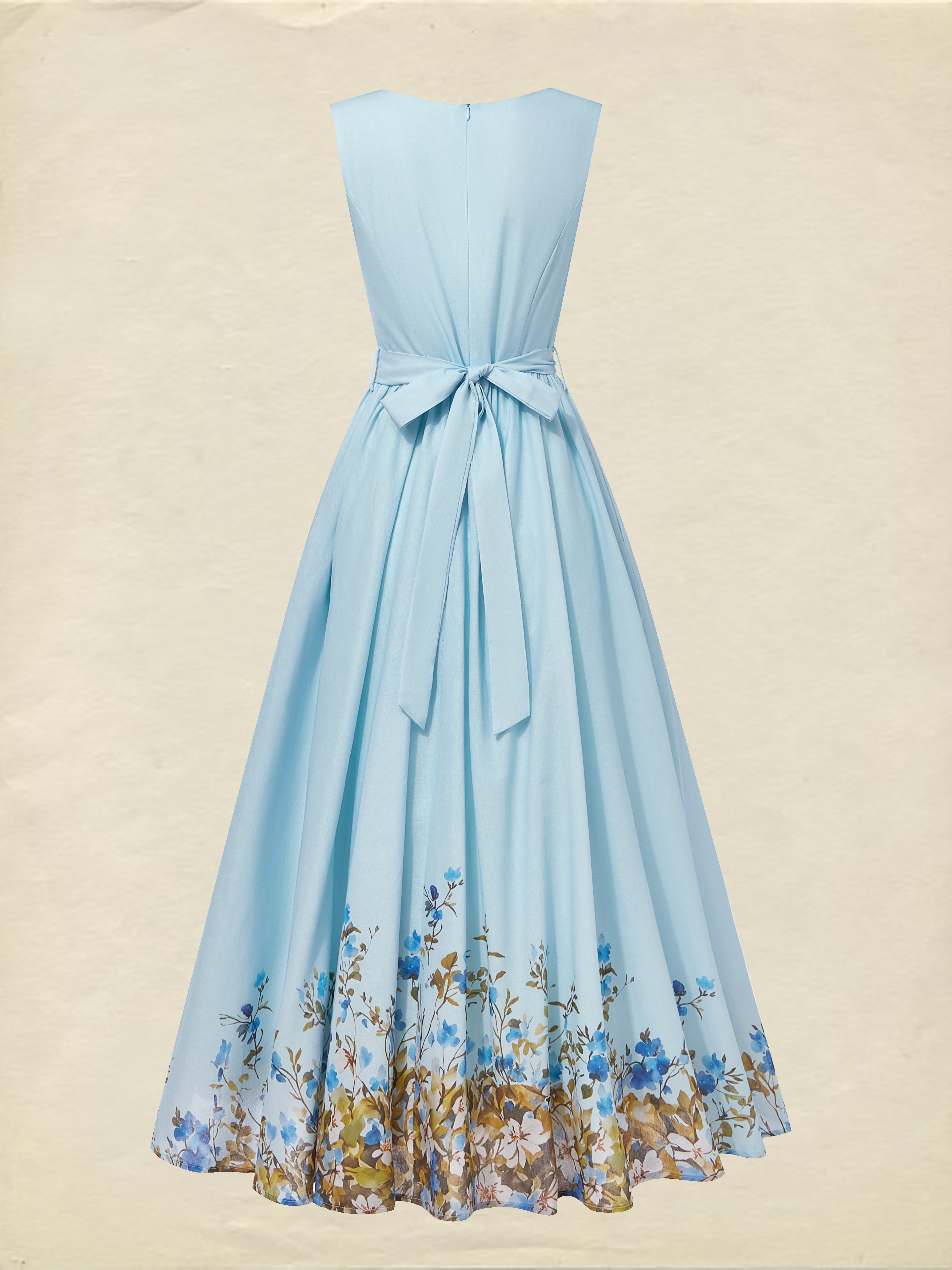 Maxi Linen Dress , Sleeveless, Round Neck, Floral, Button Design, French Vintage, Sky Blue - Sky Blue
