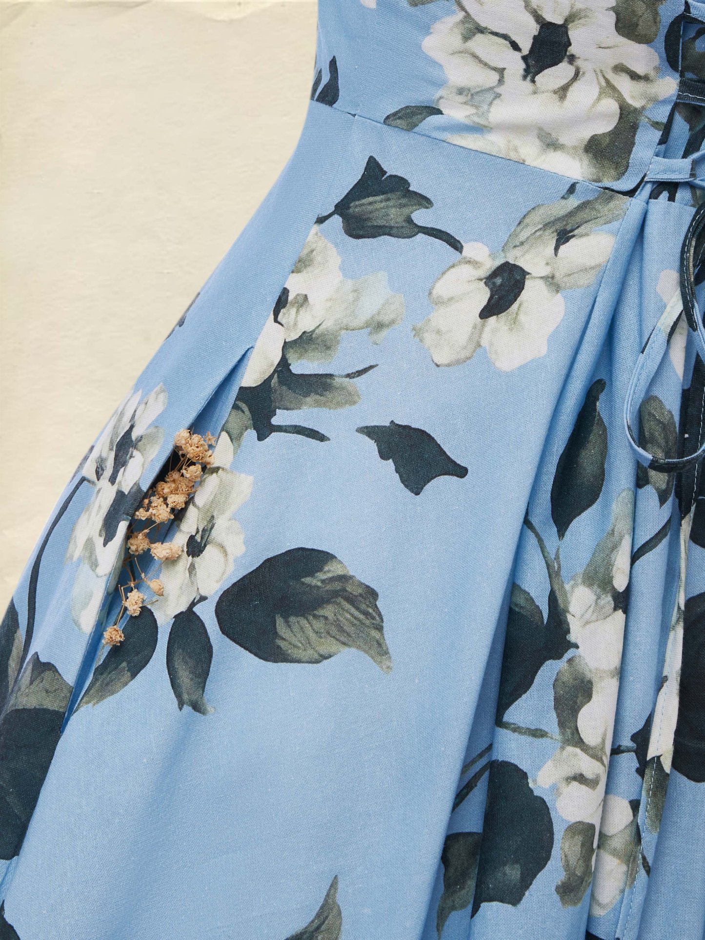 Maxi Linen Dress , Half Sleeve, Lapel Collar, Floral, Vacation, Vintage, Blue - Blue