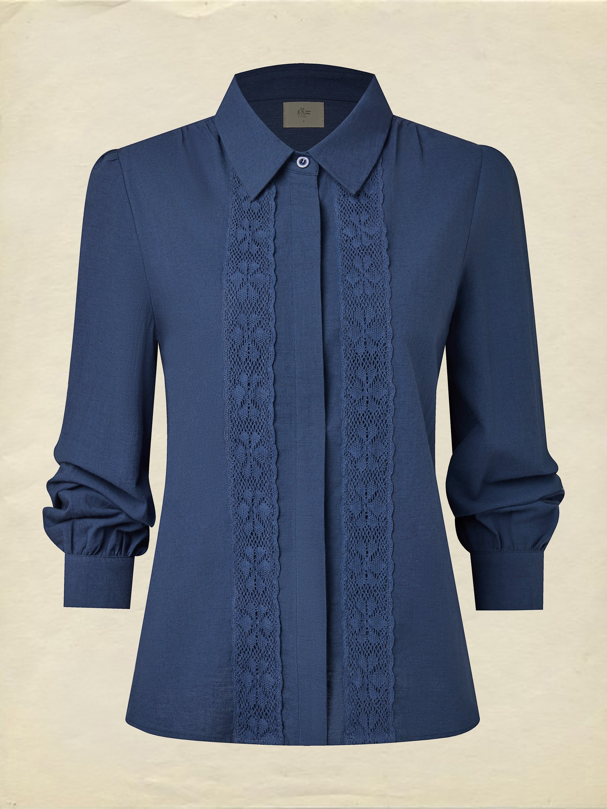 Linen Shirt, Long Sleeves, Shawl Collar, Plain, Lace, Vintage, Blue - Blue