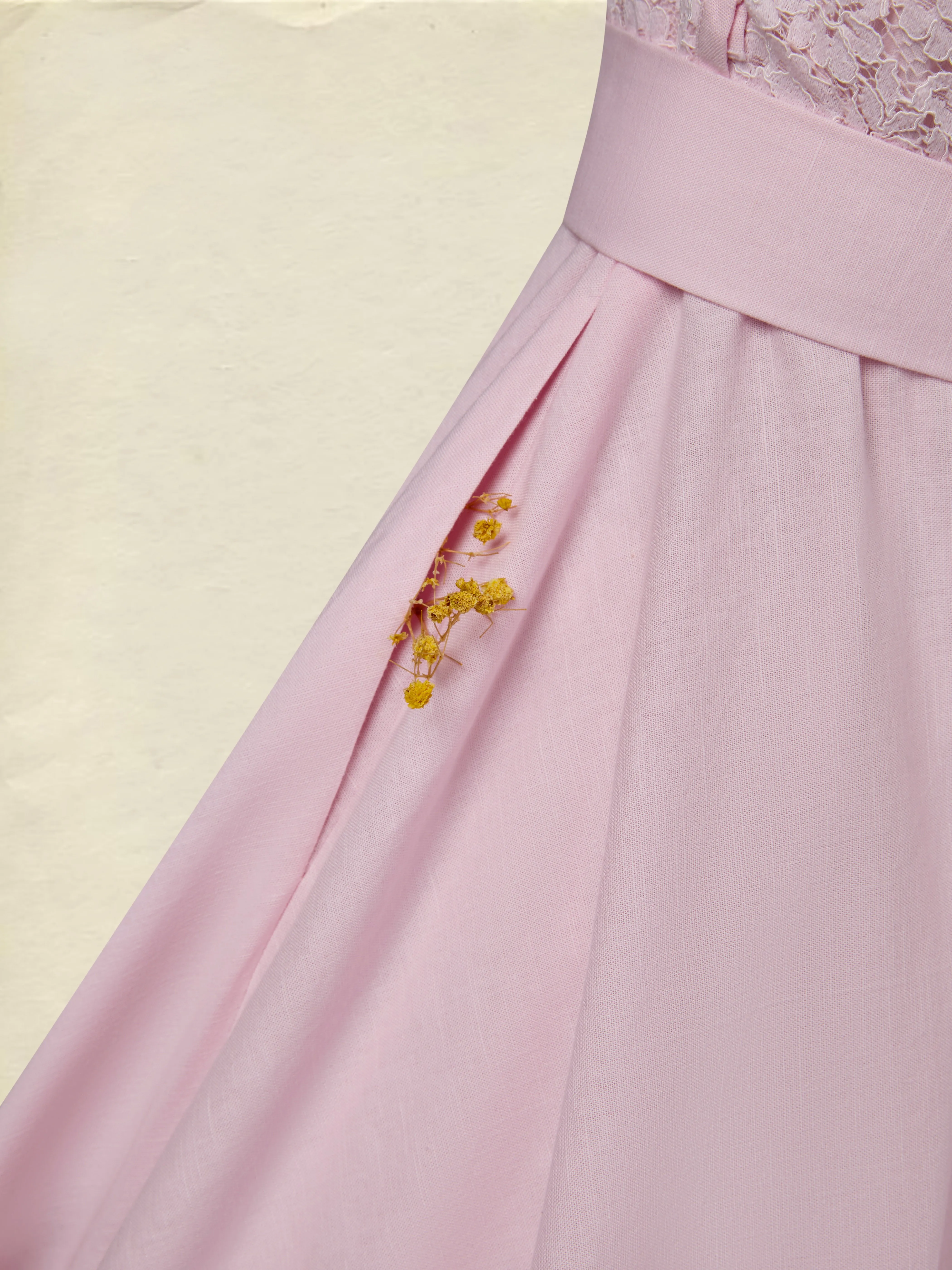 Midi Cotton Dress, Sleeveless, Off The Shoulder, Plain, Lace, French Vintage, Pink - Pink