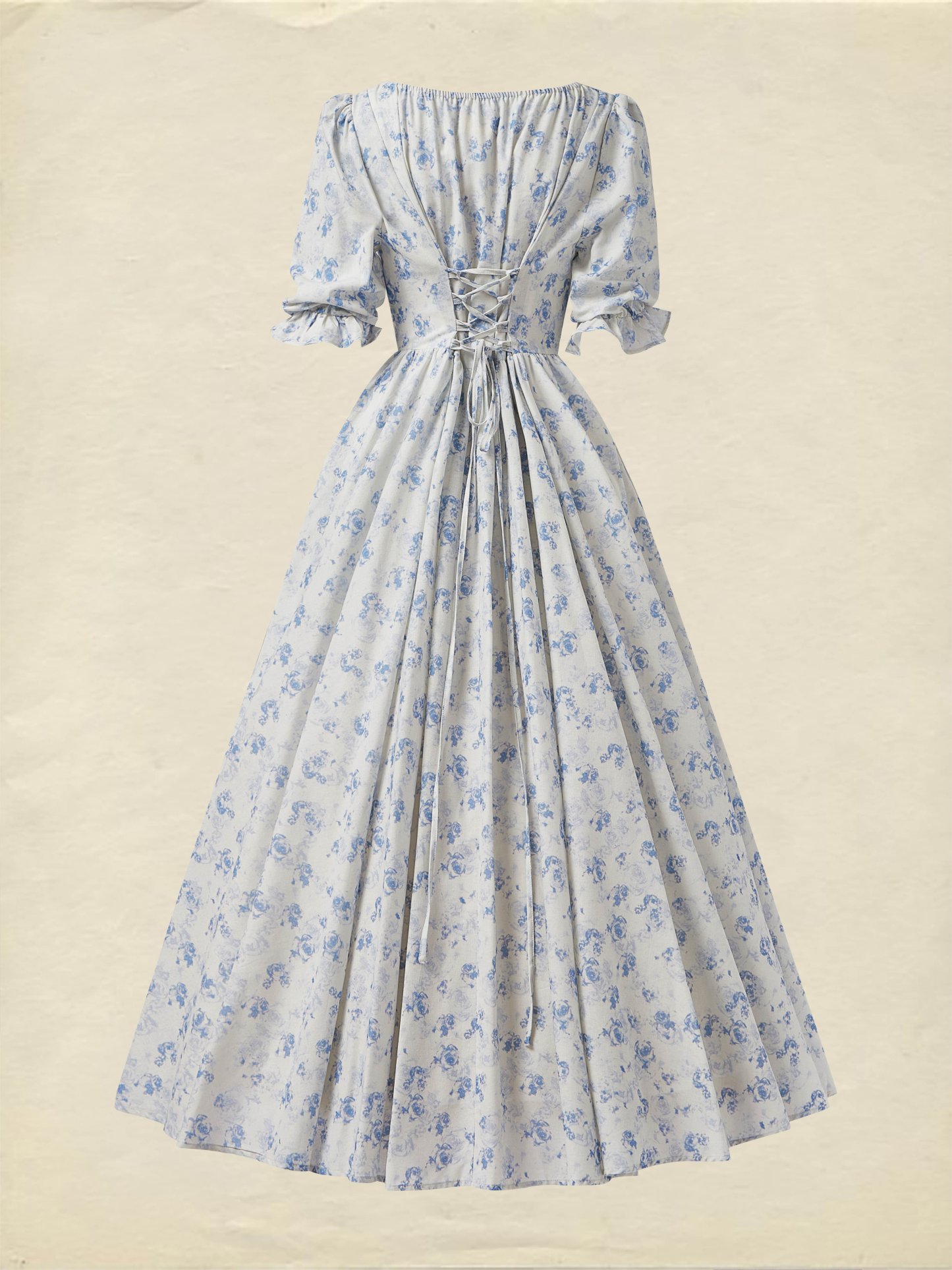 Maxi Linen Dress, Half Sleeve, Square Neck, Cottagecore Dress, Linen Blend, Blue - Blue