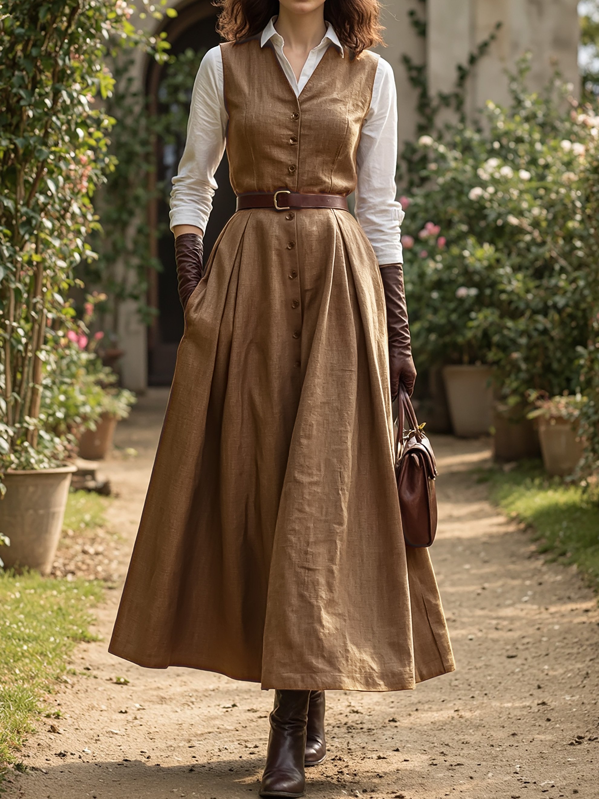 Maxi Linen Dress Set & Shirt, Long Sleeves, Shawl Collar, Plain, Button Design, French Vintage, Light Brown - Light Brown