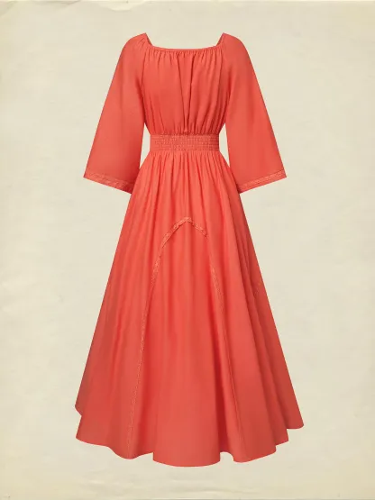 Maxi Cotton Dress, Half Sleeve, V Neck, Plain, Lace, Vacation, Vintage, Light Orange - Light Orange