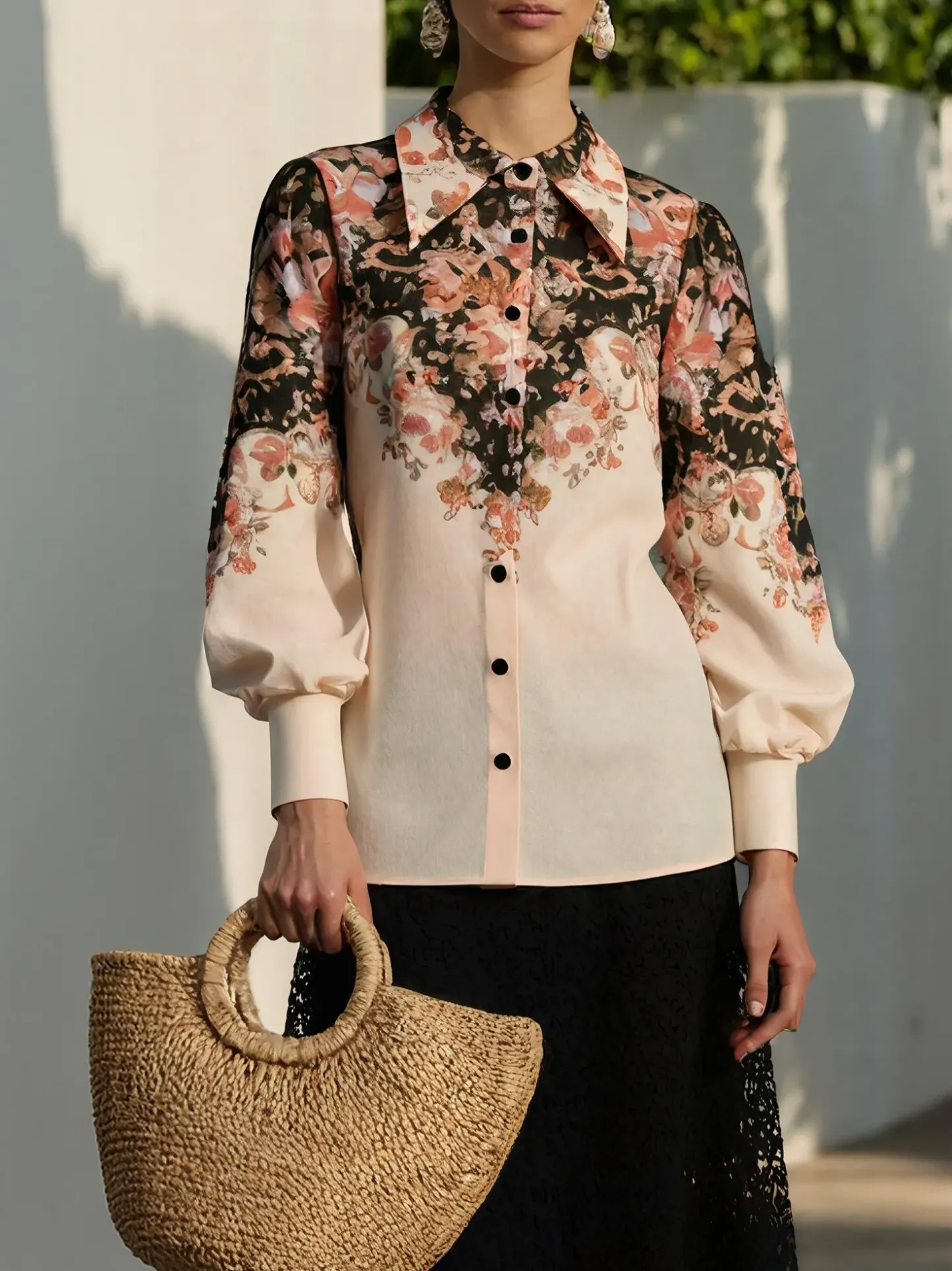 Cotton Shirt, Long Sleeves, Shawl Collar, Floral, Button Design, Vacation, Vintage, Apricot - Apricot