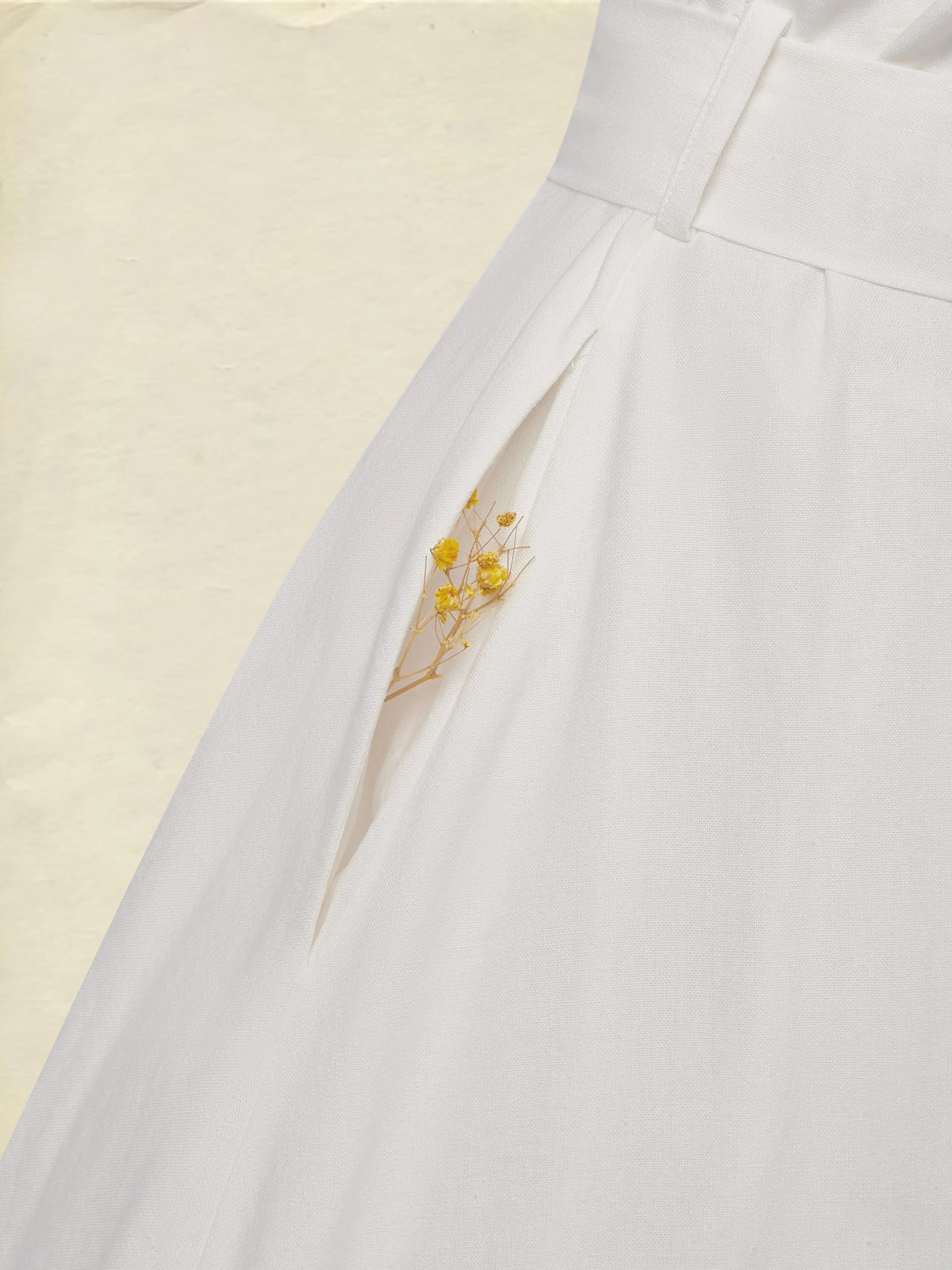 Midi Linen Dress , Sleeveless, V Neck, Plain, Belt Design, Vintage, White - White