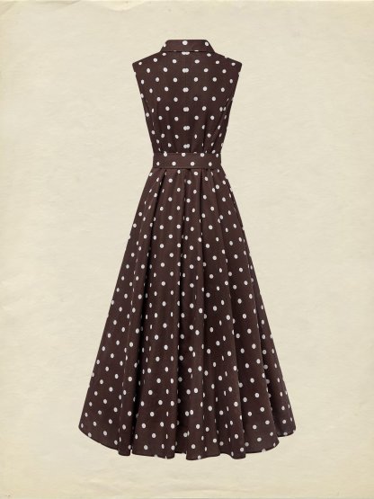 Midi Cotton Dress , Sleeveless, Shawl Collar, Polka Dots, Button Design, French Vintage, Purplish Blue - Purplish Blue