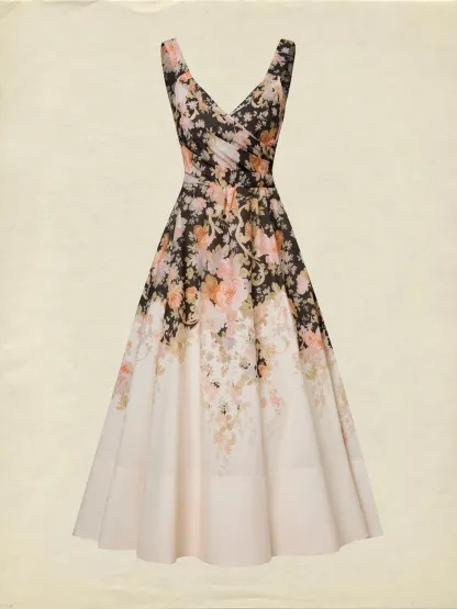 Midi Cotton Dress, Sleeveless, Sweetheart Neck, Floral, Suspenders, Vacation, Vintage, Apricot - Apricot