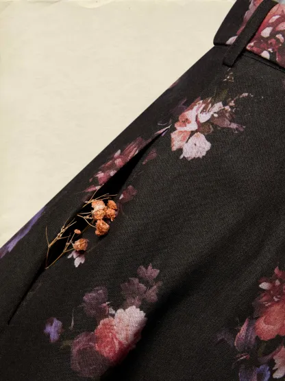 Maxi Cotton Skirt, Floral, Belt Design, Vintage, Black - Black