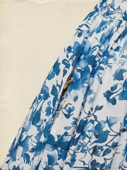 Midi Linen Dress , Sleeveless, Round Neck, Floral, Vacation, Vintage, Blue - Blue