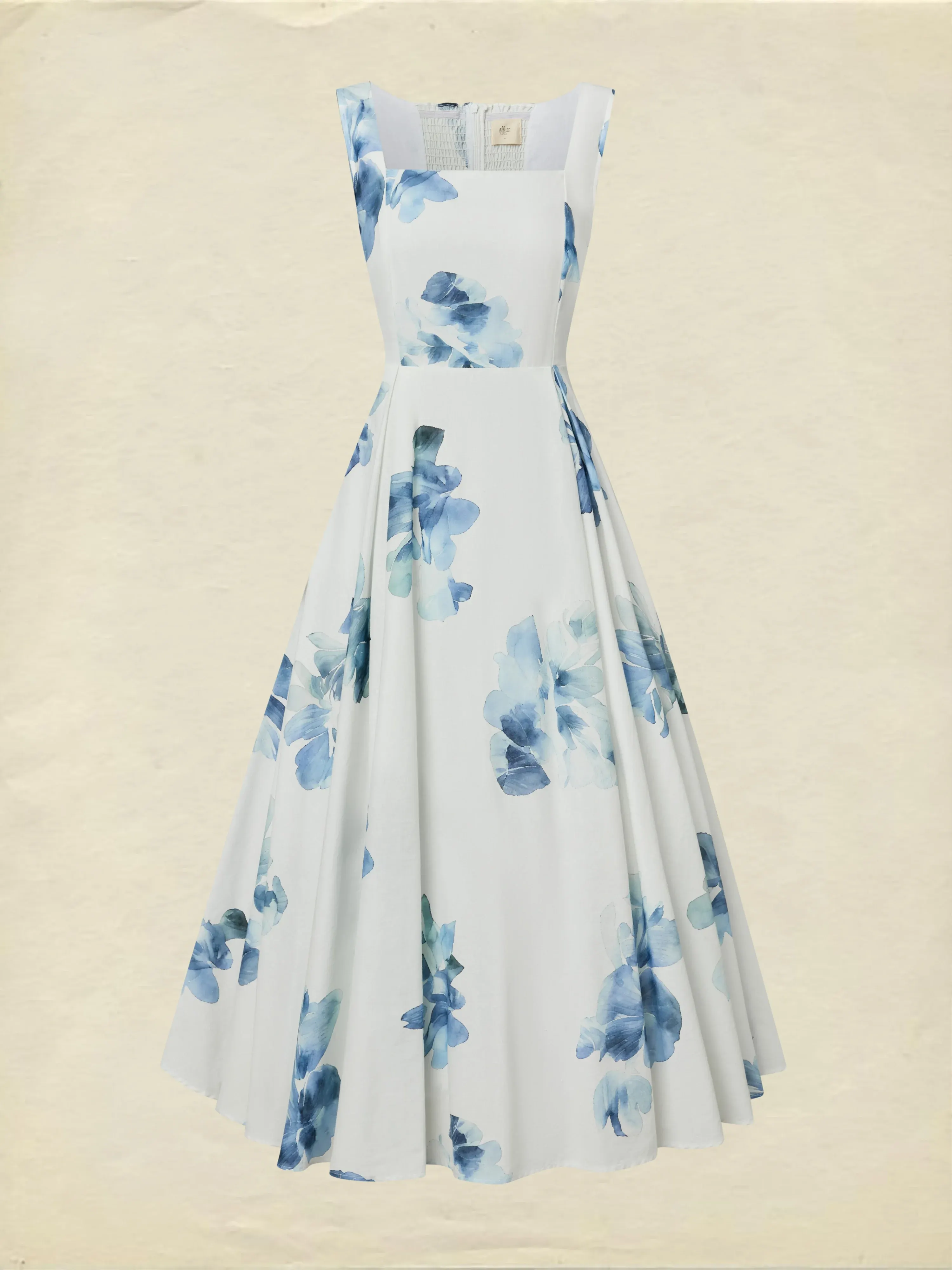 Maxi Cotton Dress, Sleeveless, Square Neck, Floral, Pocket Design, Vacation, Vintage, White - White