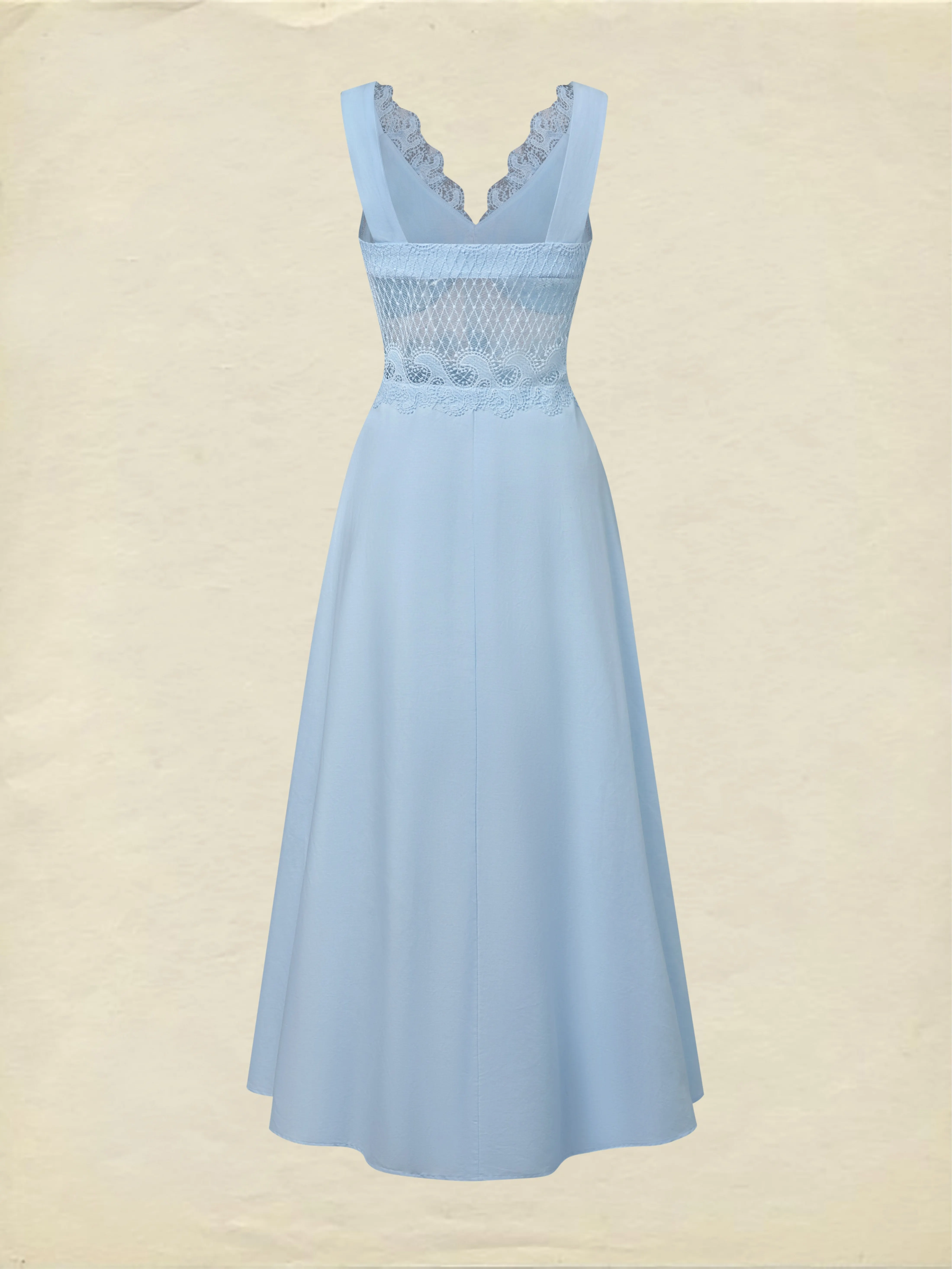Maxi Cotton Dress, Sleeveless, V Neck, Plain, Lace, French Vintage, Blue - Blue