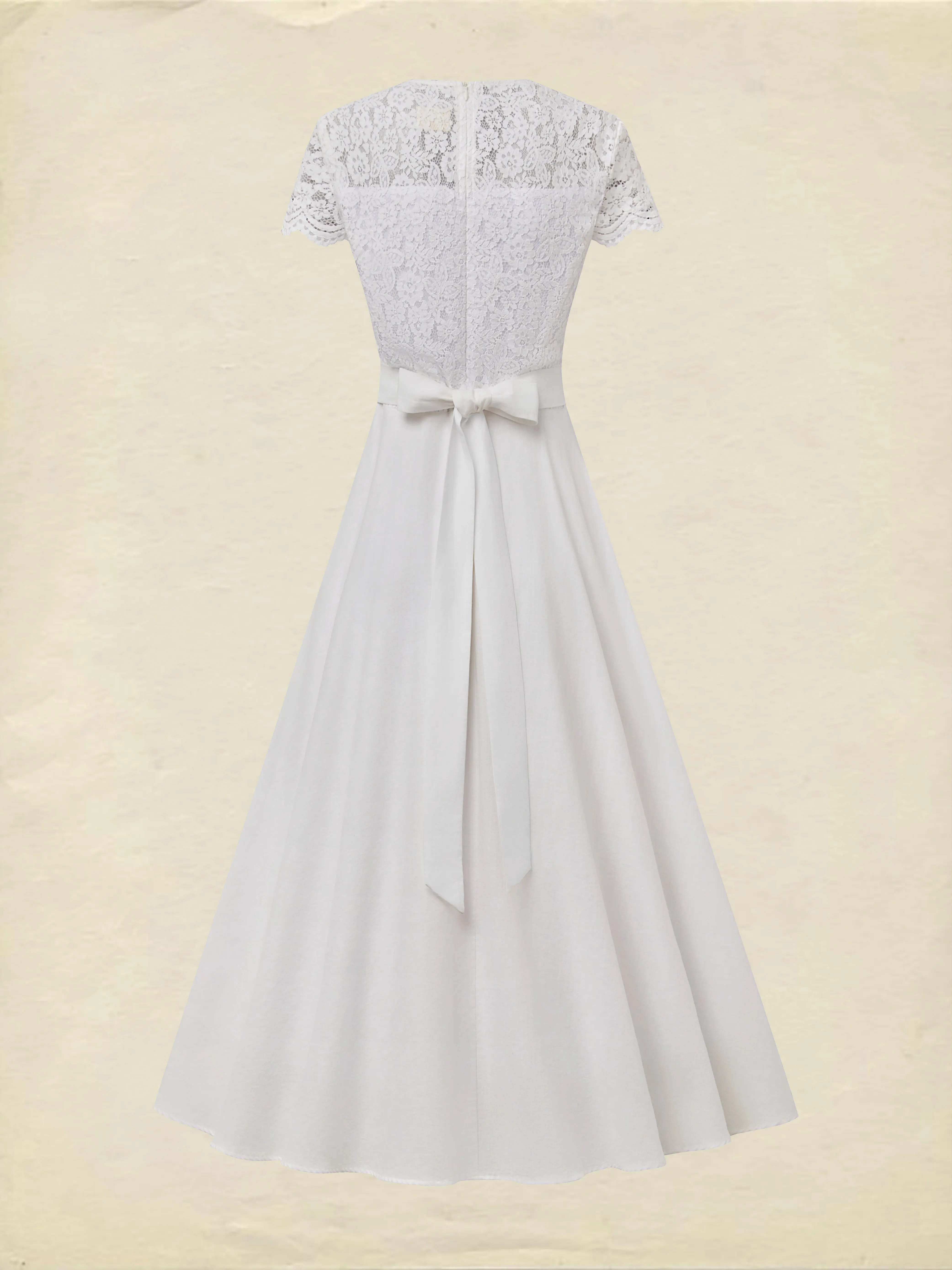 Midi Cotton Dress, Short Sleeves, Plain, Lace, Vacation, Vintage, White - White