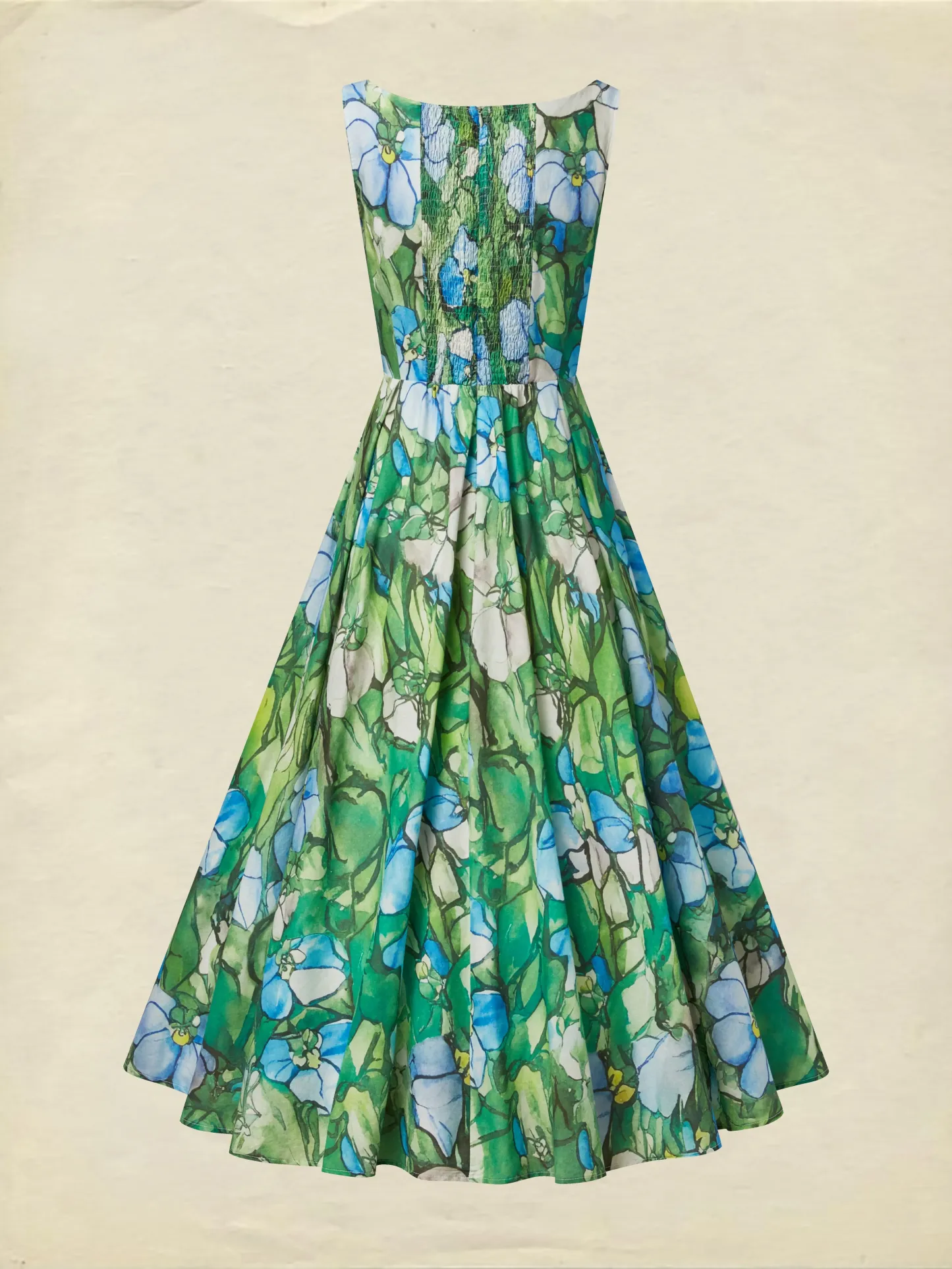 Maxi Linen Dress , Sleeveless, Square Neck, Floral, Church Glass, Vacation, Vintage, Green - Green