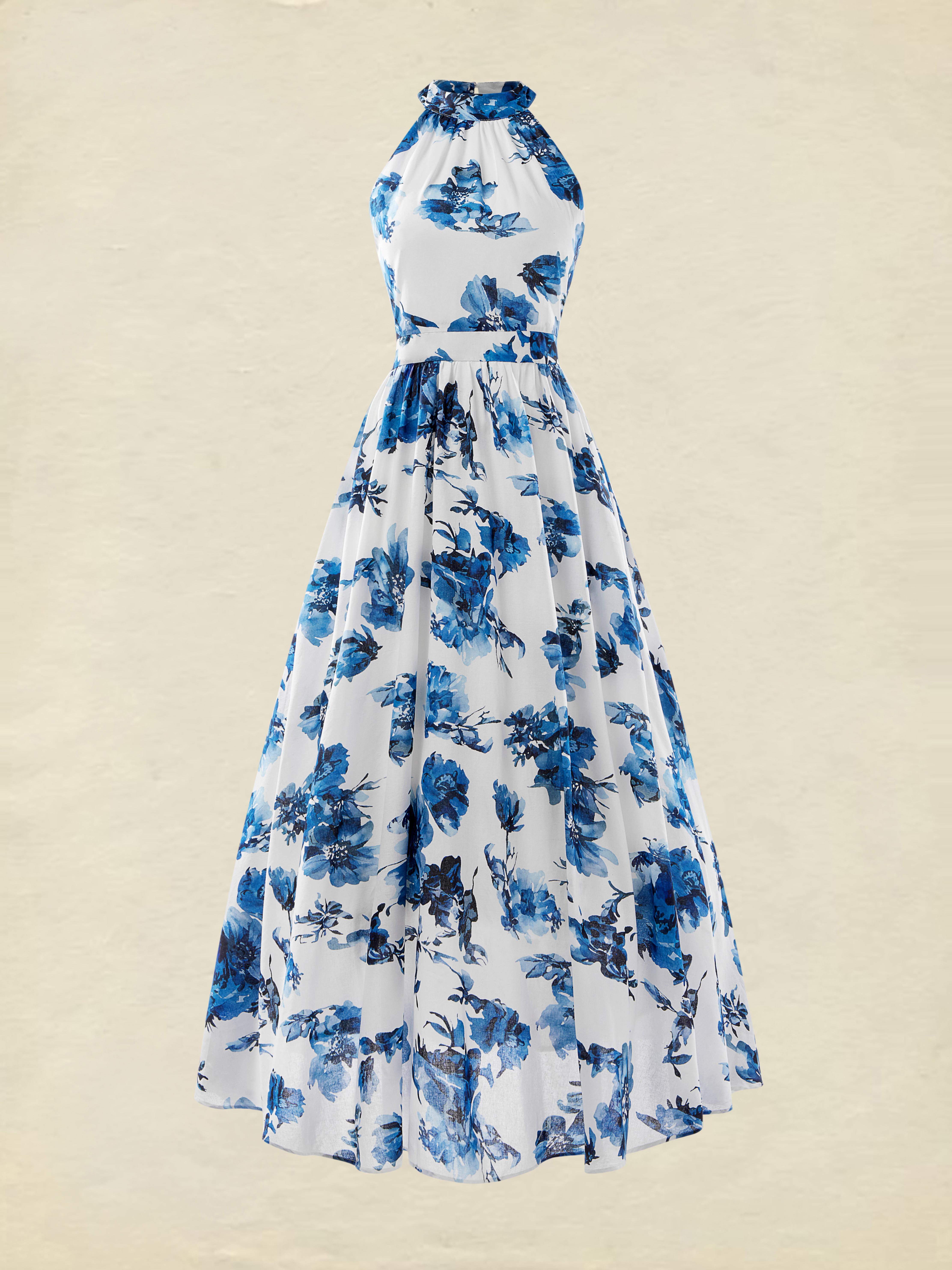 Linen Maxi Dress, Sleeveless, Halter, Floral, Vintage, White - White