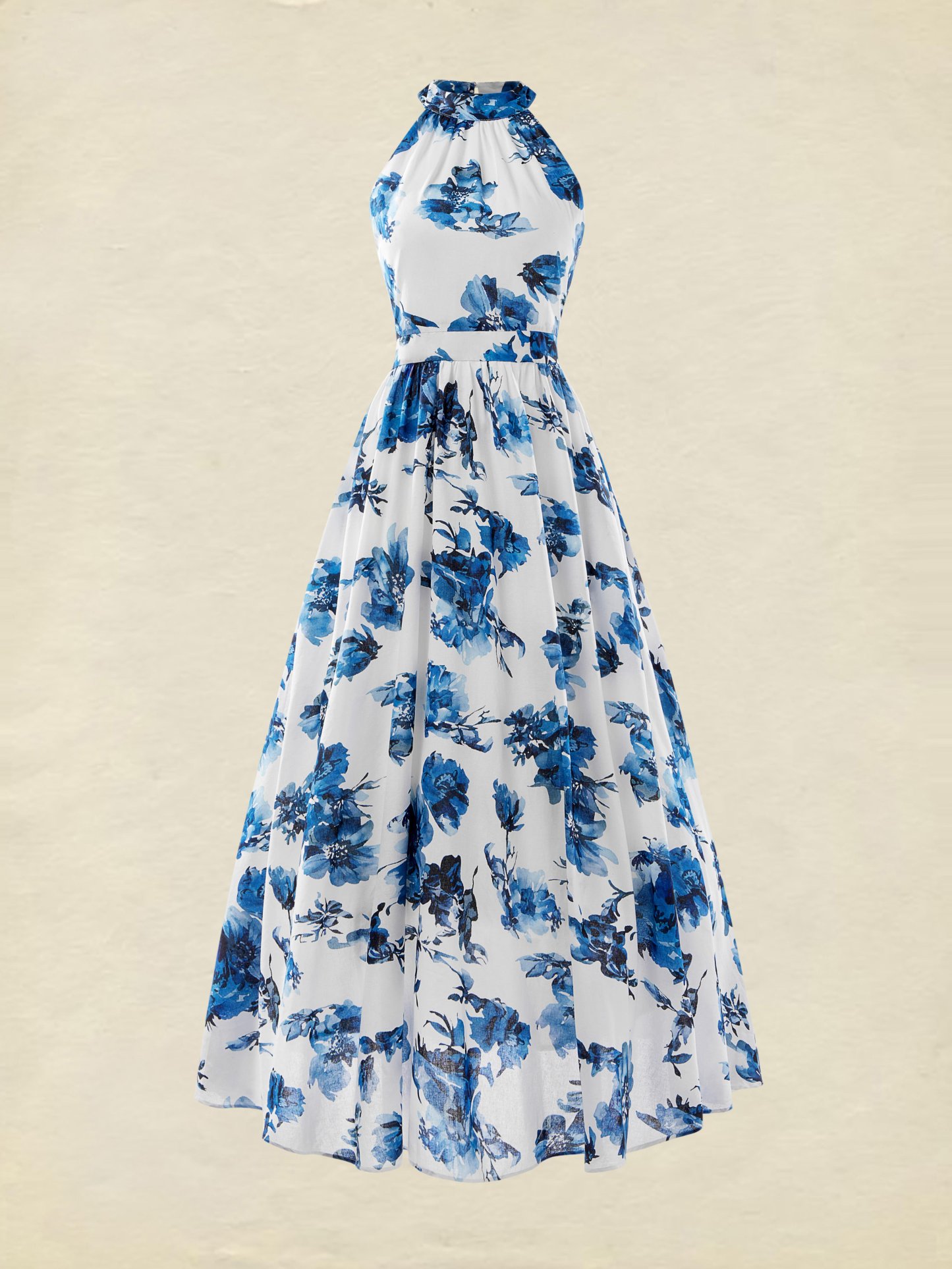 Linen Maxi Dress, Sleeveless, Halter, Floral, Vintage, White - White