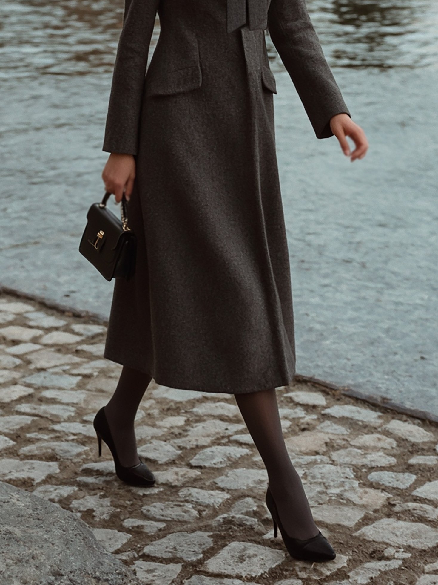 Wool Trench Coat, Long Sleeves, Plain, Pocket Design, Vintage, Deep Gray - Deep Gray