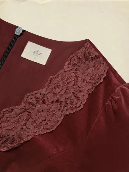 Midi Cotton Dress, Long Sleeves, Scoop Neck, Plain, Lace, Vintage, Red - Red