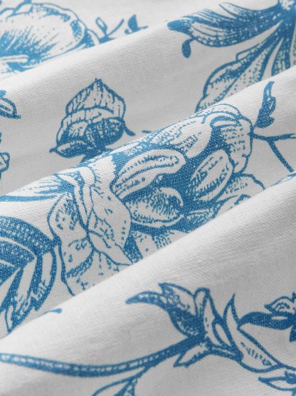 Midi Linen Dress, Short Sleeves, Sweetheart Neck, Floral, Ruffles, Vintage, Blue - Blue