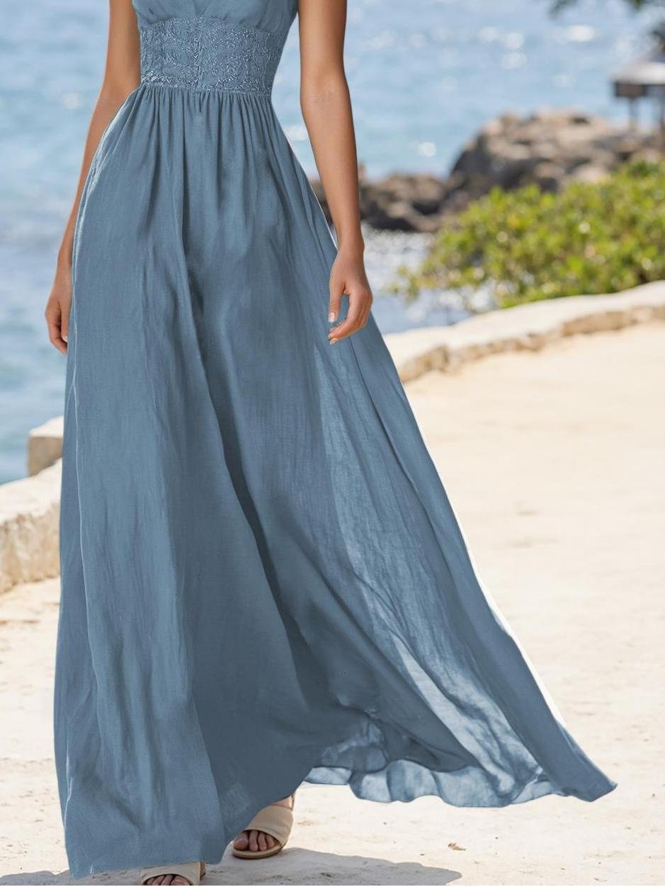 (SIZE:XS-XXL)Linen Maxi Dress, Sleeveless, V neck, Plain, Vintage, Blue - Blue