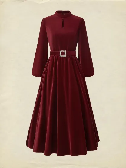 Midi Cotton Dress, Long Sleeves, Stand Collar, Plain, Vintage, Wine Red - Wine Red