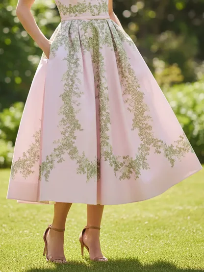 Midi Linen Dress, Cap Sleeves, Round Neck, Floral, Pocket Design, Vintage, Pink - Pink