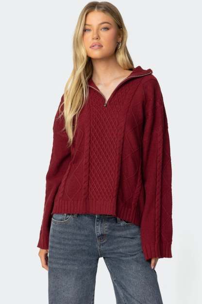 Oversized Quarter Zip Cable Knit Sweater - BURGUNDY