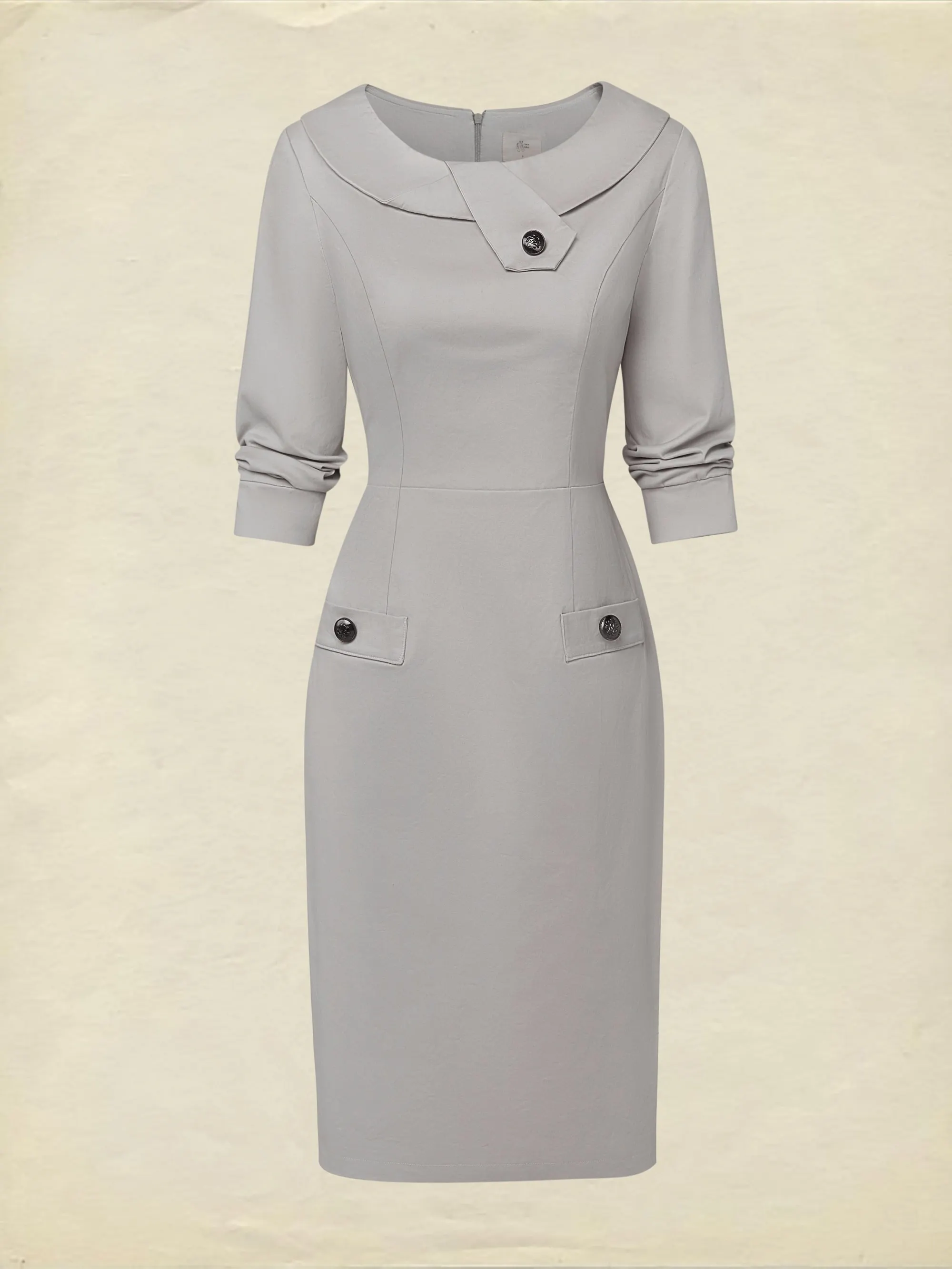 Midi Cotton Dress, Half Sleeve, Round Neck, Plain, Button Design, French Vintage, Gray - Gray