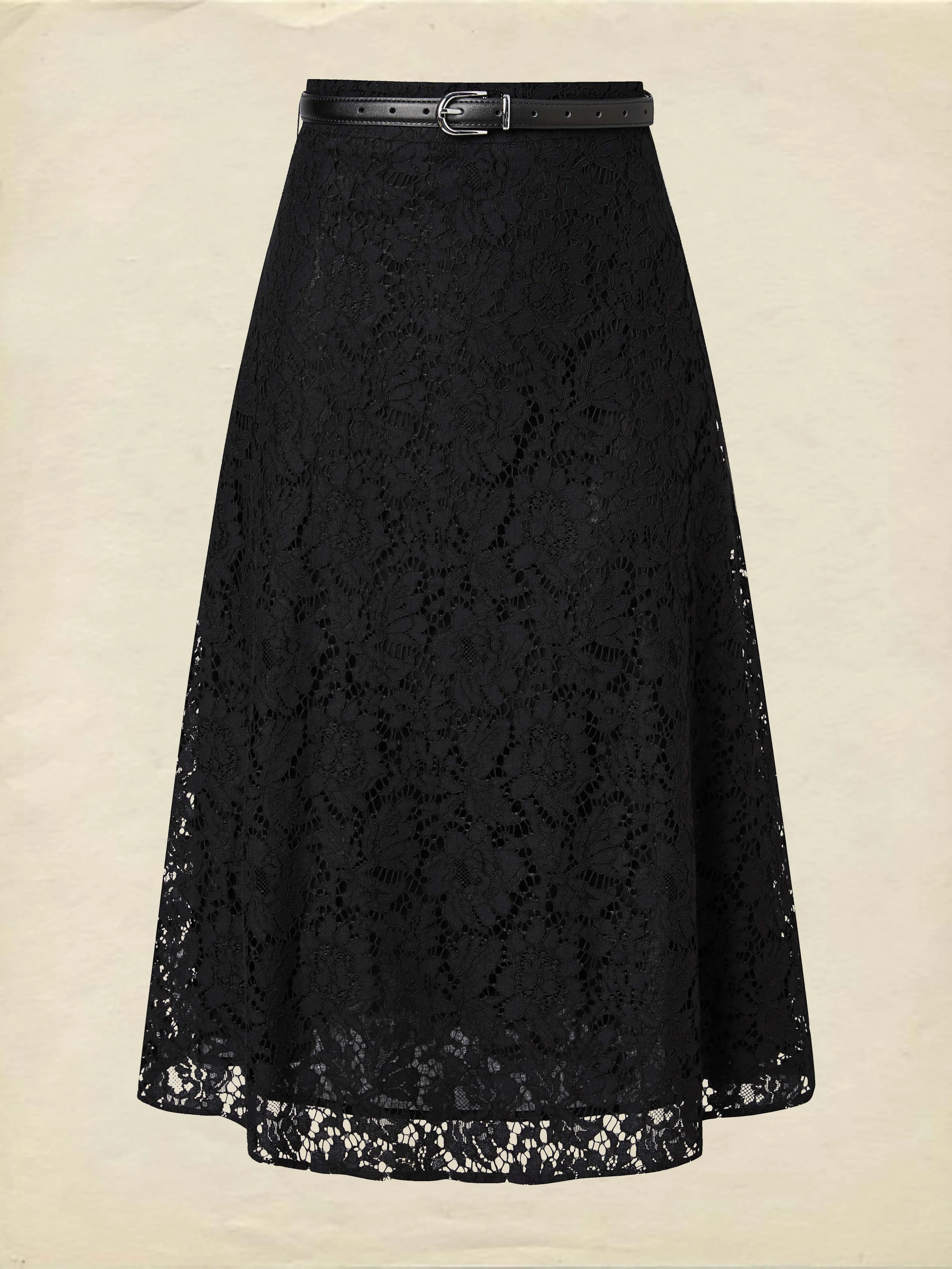 Maxi  Skirt, Floral, Lace, Vacation, Vintage, Black - Black