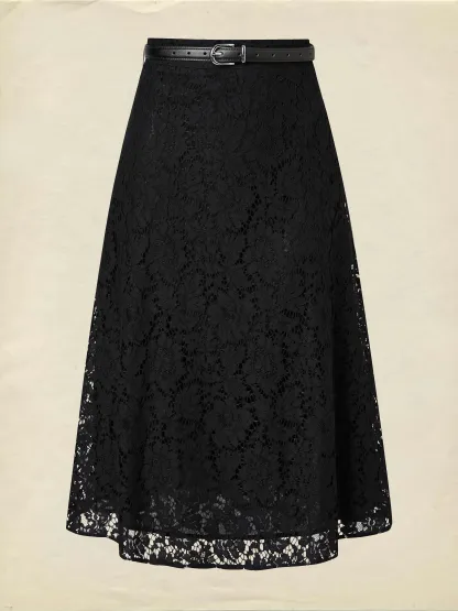 Maxi  Skirt, Floral, Lace, Vacation, Vintage, Black - Black