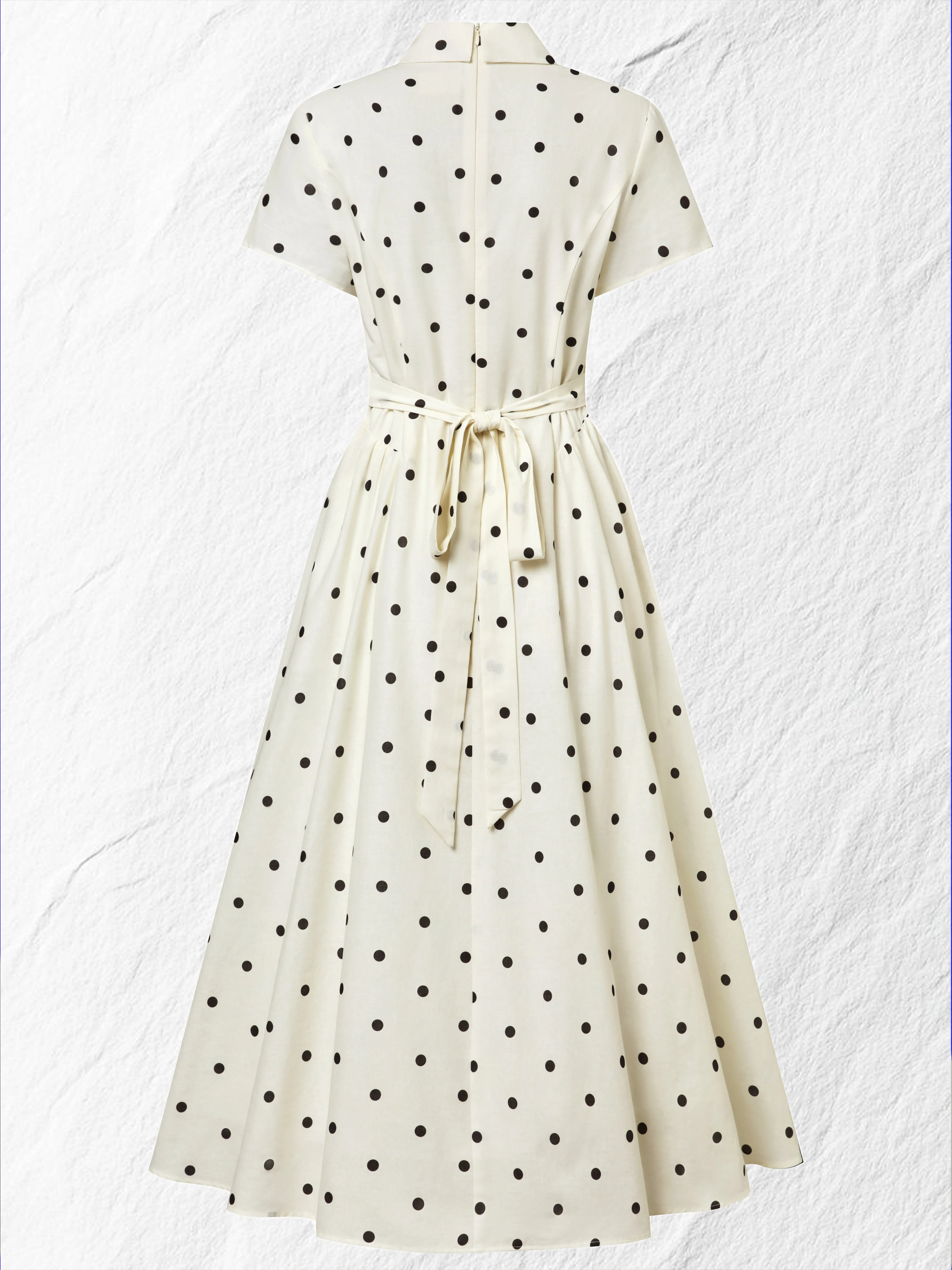 Maxi Linen Dress, Short Sleeves, Shawl Collar, Polka Dots, French Vintage, Off White - Off White