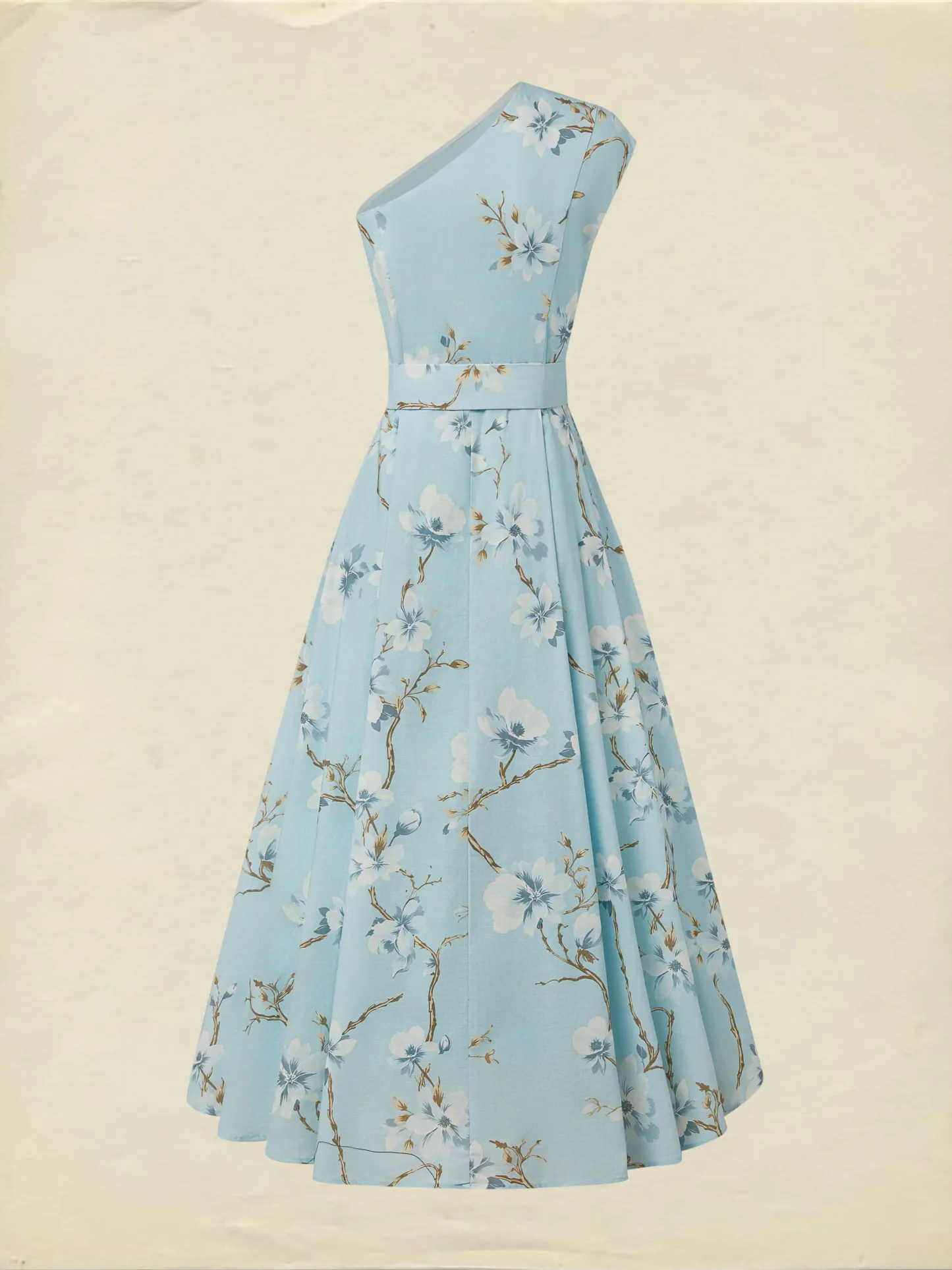 Maxi Linen Dress, Sleeveless, One Shoulder, Floral, Belt Design, Vacation, Vintage, Blue - Blue