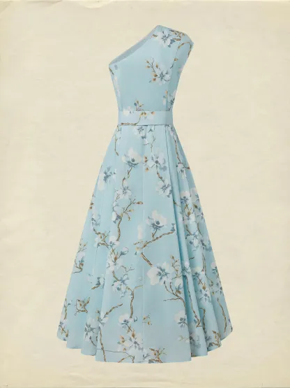 Maxi Linen Dress, Sleeveless, One Shoulder, Floral, Belt Design, Vacation, Vintage, Blue - Blue