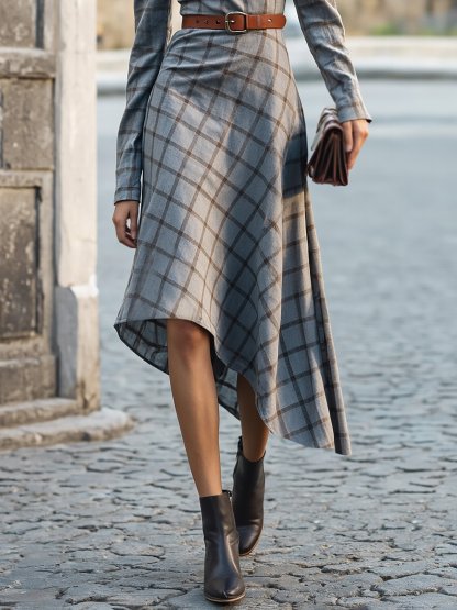 Midi Linen Dress, Long Sleeves, Stand Collar, Plaid, Belt Design, Vintage, Gray - Gray