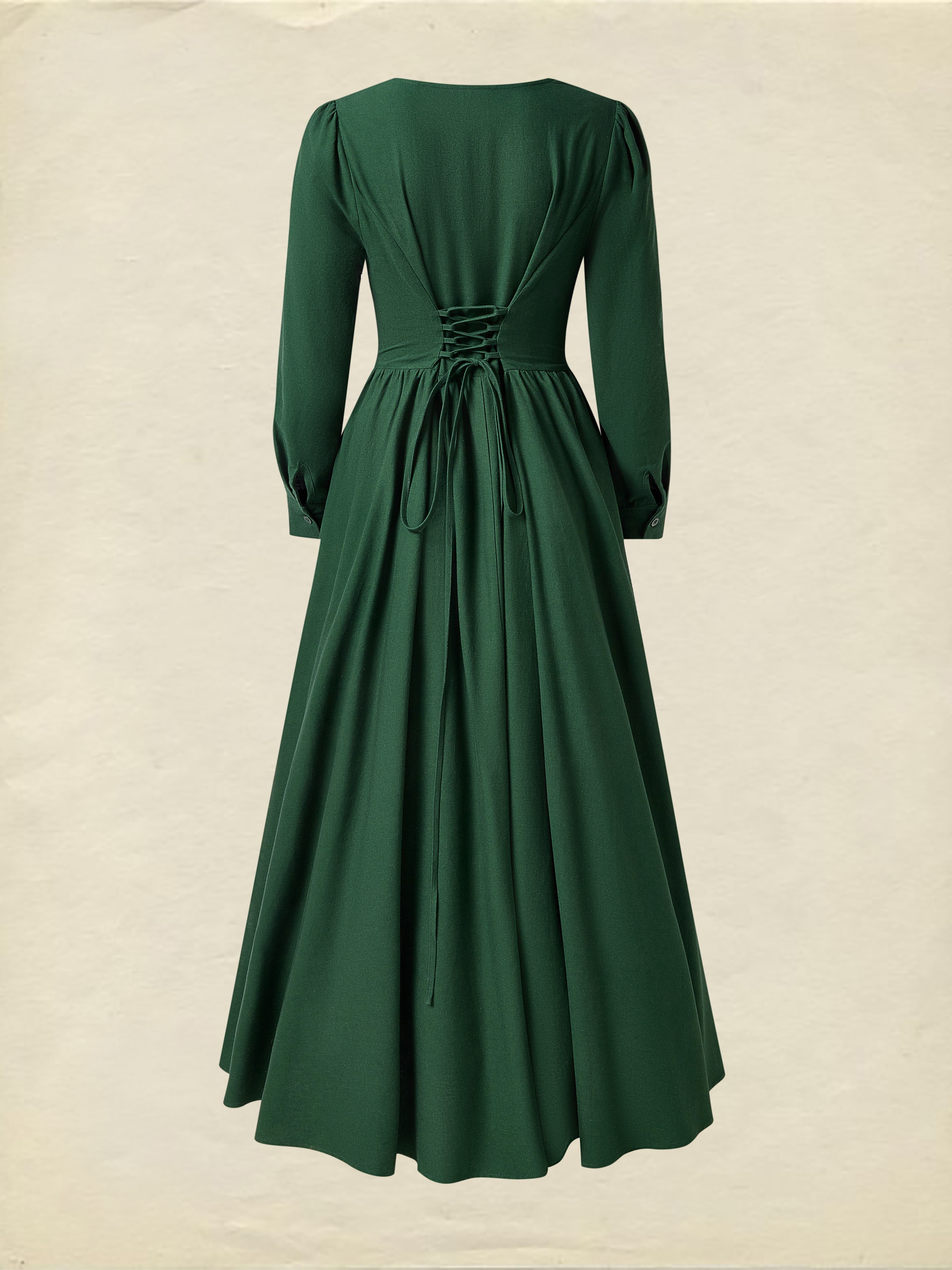 Linen Maxi Dress, Square Neck, Long Sleeves, Victorian Style, Linen Blend, Green - Green